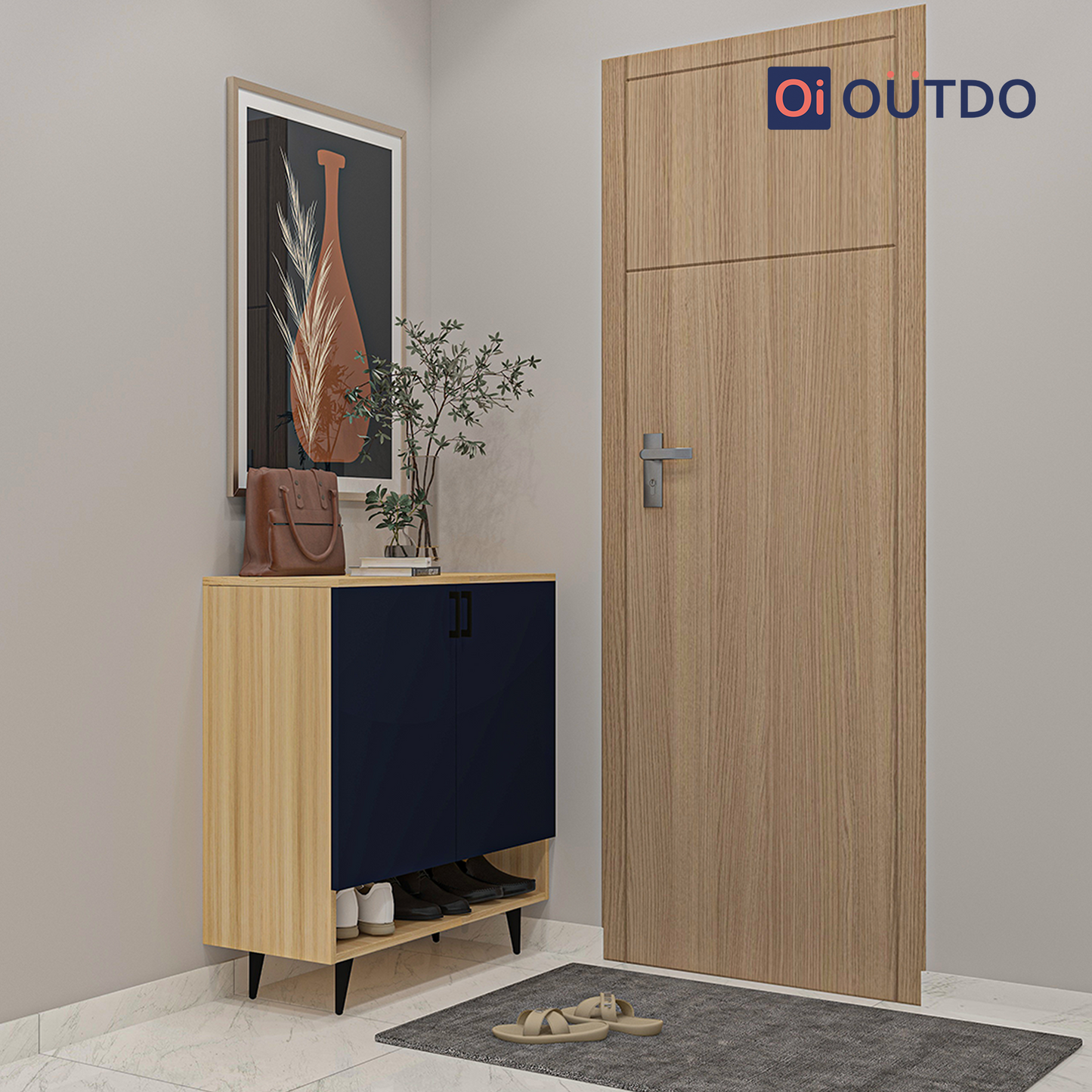 OutDo StepLift Shoe Cabinet with Bottom Shelf & Tall Legs | Burma Teak and Navy Blue