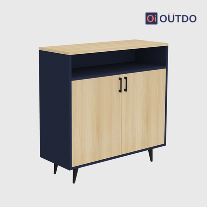 OutDo Urbano Shoe Cabinet with Open Shelf & Tall Legs | Burma Teak and Navy Blue