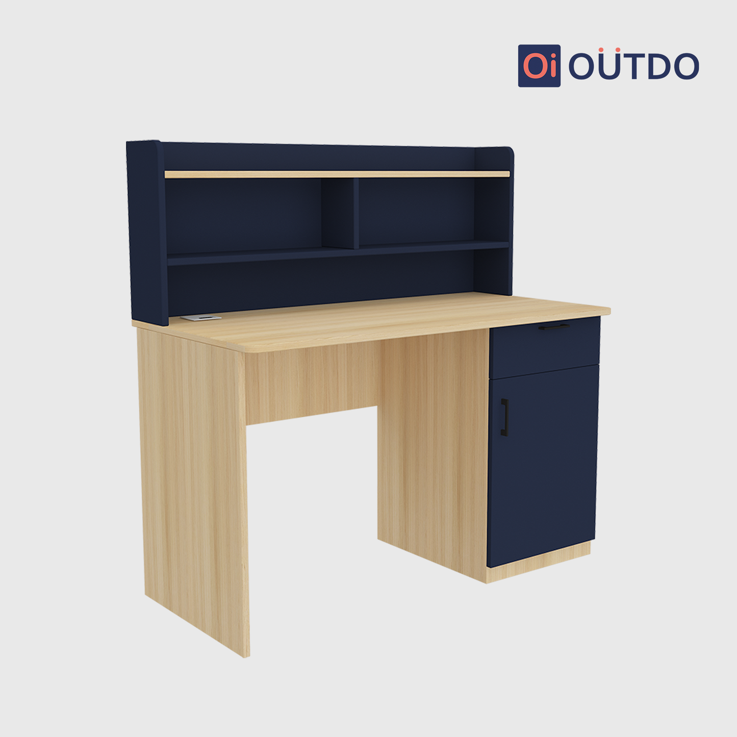 OutDo FocusPro Study Table with Bookshelf & Storage Cabinet | Burma Teak and Navi Blue