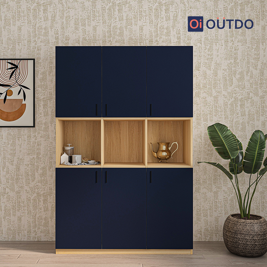 OutDo Grande Tall Crockery Unit – Triple Storage Zone | Burma Teak and Navy Blue