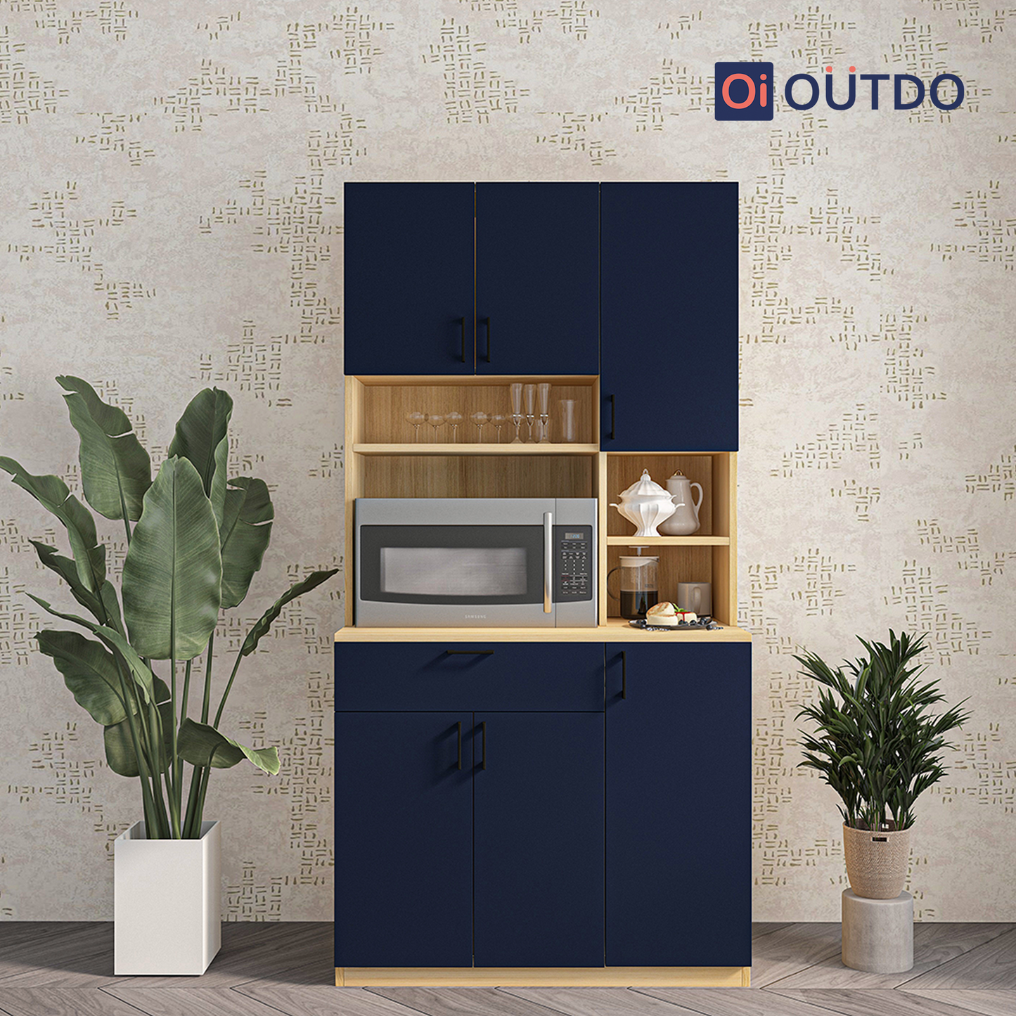OutDo Vista Modular Crockery Unit – Countertop Edition | Burma Teak and Navy Blue
