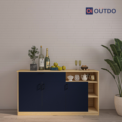OutDo Prime Crockery Unit – Wide Storage Edition | Burma Teak and Navy Blue