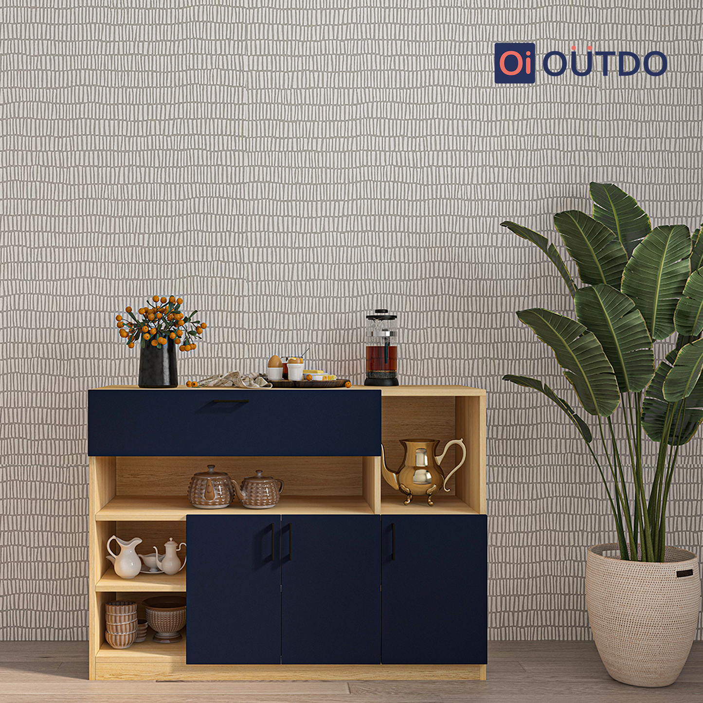 OutDo Nova Crockery Storage Unit | Burma Teak and Navy Blue