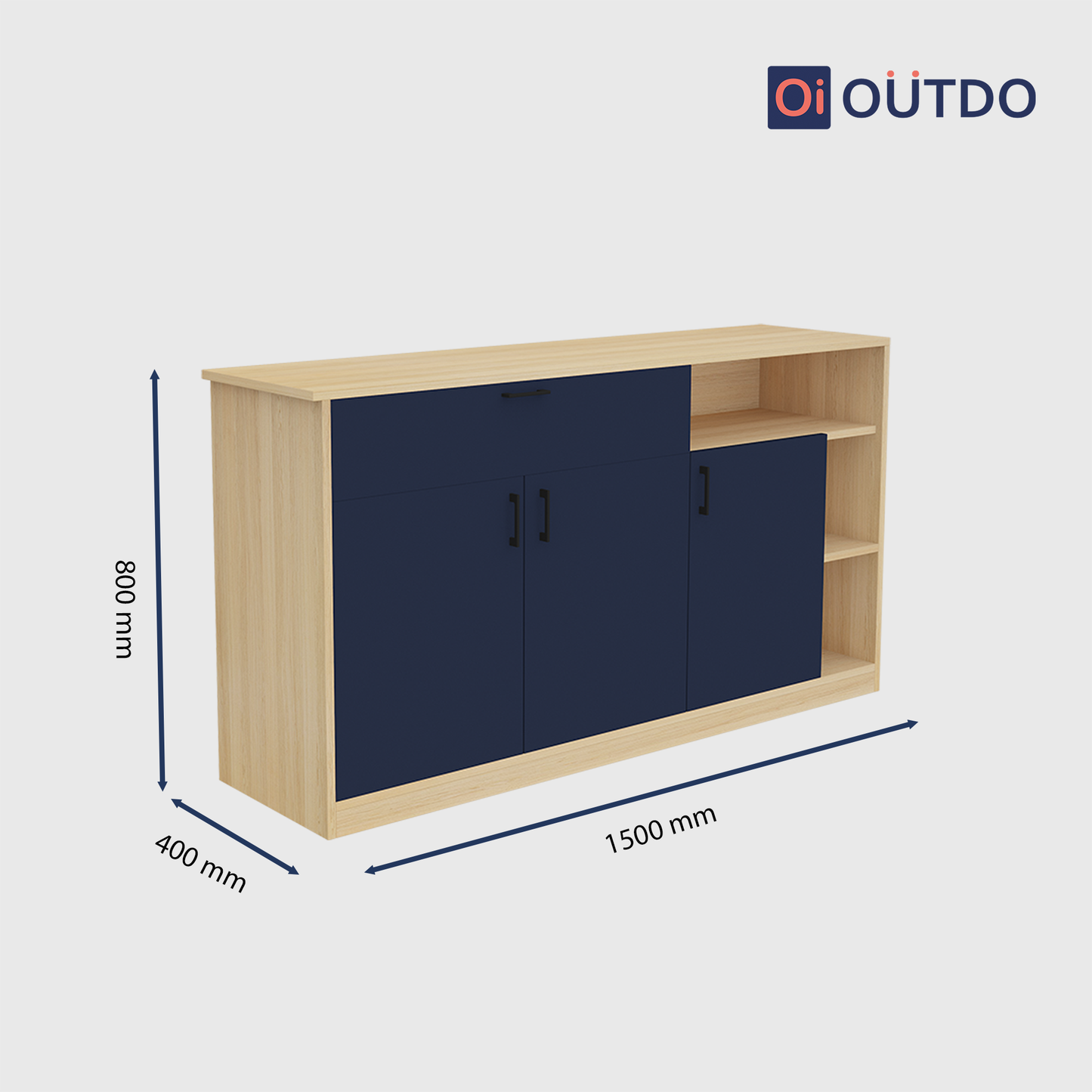 OutDo Prime Crockery Unit – Wide Storage Edition | Burma Teak and Navy Blue