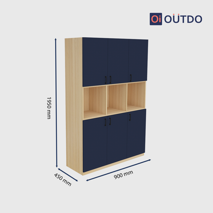 OutDo Grande Tall Crockery Unit – Triple Storage Zone | Burma Teak and Navy Blue