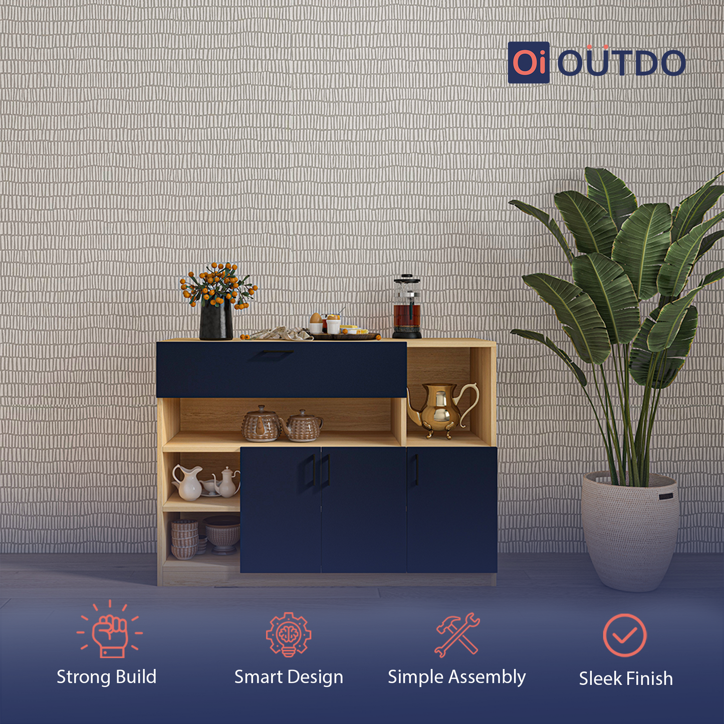 OutDo Nova Crockery Storage Unit | Burma Teak and Navy Blue