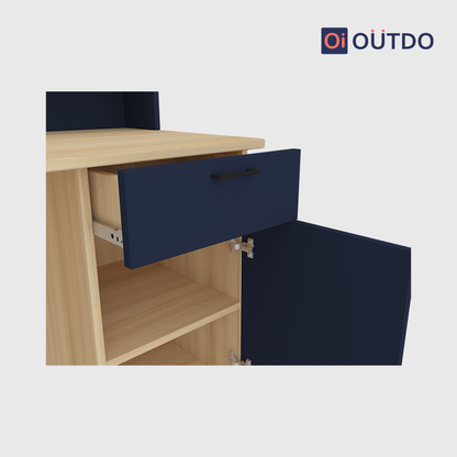 OutDo FocusPro Study Table with Bookshelf & Storage Cabinet | Burma Teak and Navi Blue