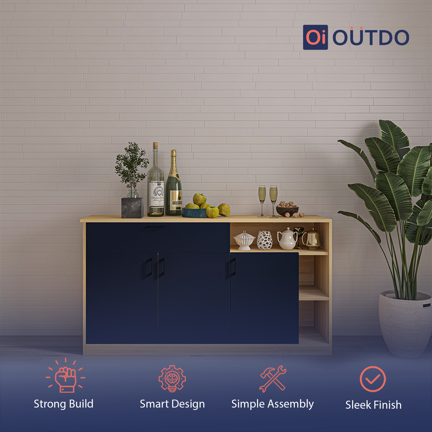 OutDo Prime Crockery Unit – Wide Storage Edition | Burma Teak and Navy Blue