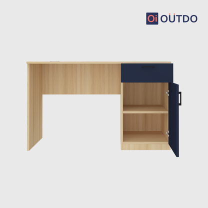 OutDo Core Study Desk with Drawer & Cabinet Storage | Burma Teak and Navi Blue