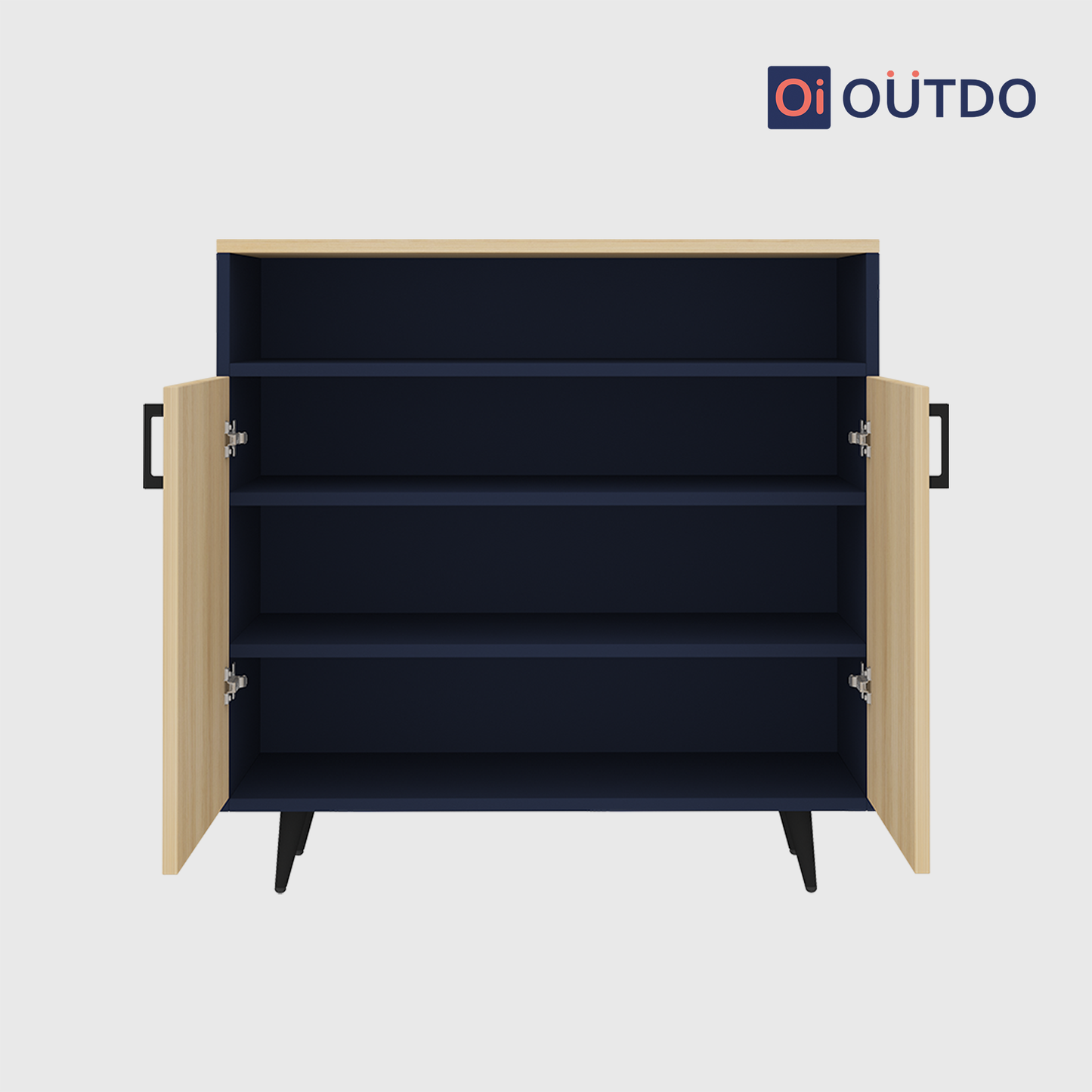 OutDo Urbano Shoe Cabinet with Open Shelf & Tall Legs | Burma Teak and Navy Blue