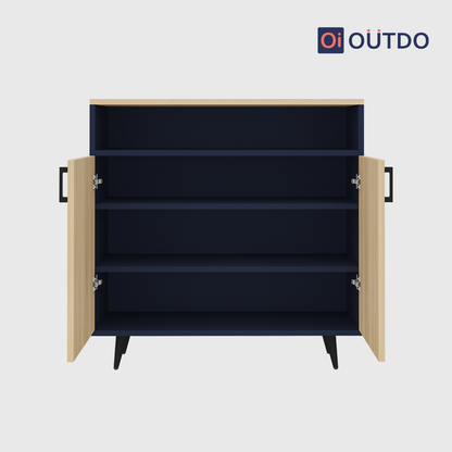 OutDo Urbano Shoe Cabinet with Open Shelf & Tall Legs | Burma Teak and Navy Blue
