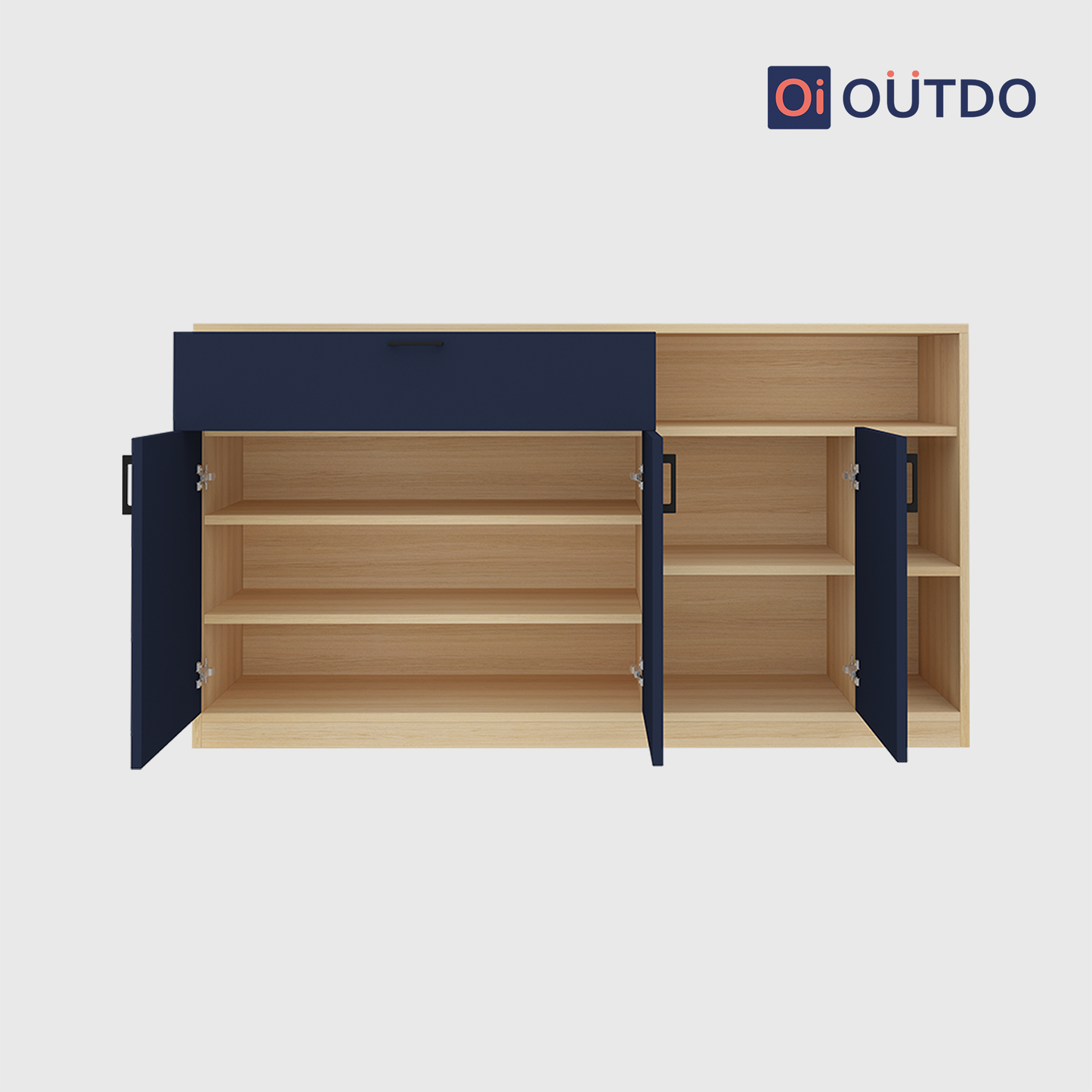 OutDo Prime Crockery Unit – Wide Storage Edition | Burma Teak and Navy Blue