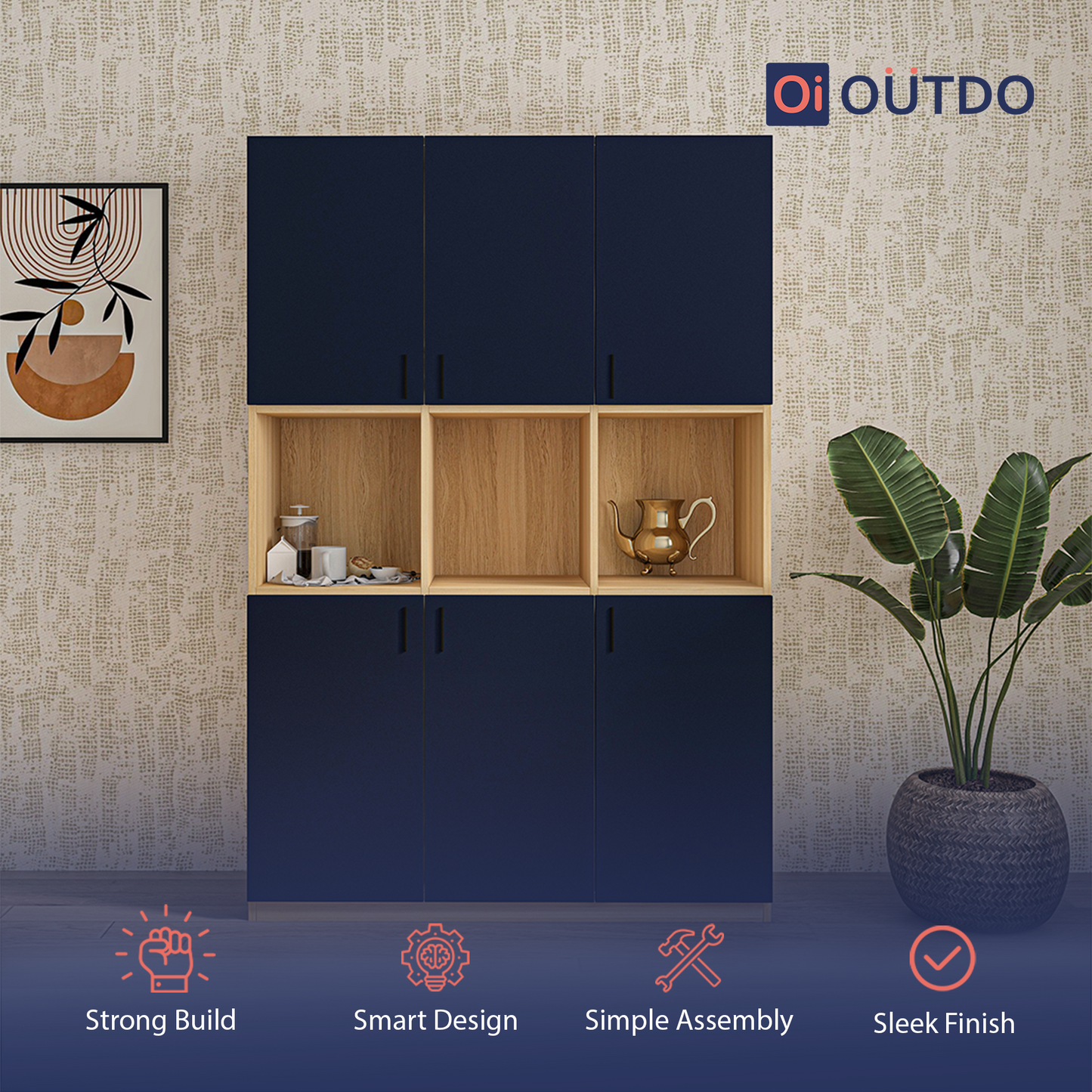 OutDo Grande Tall Crockery Unit – Triple Storage Zone | Burma Teak and Navy Blue