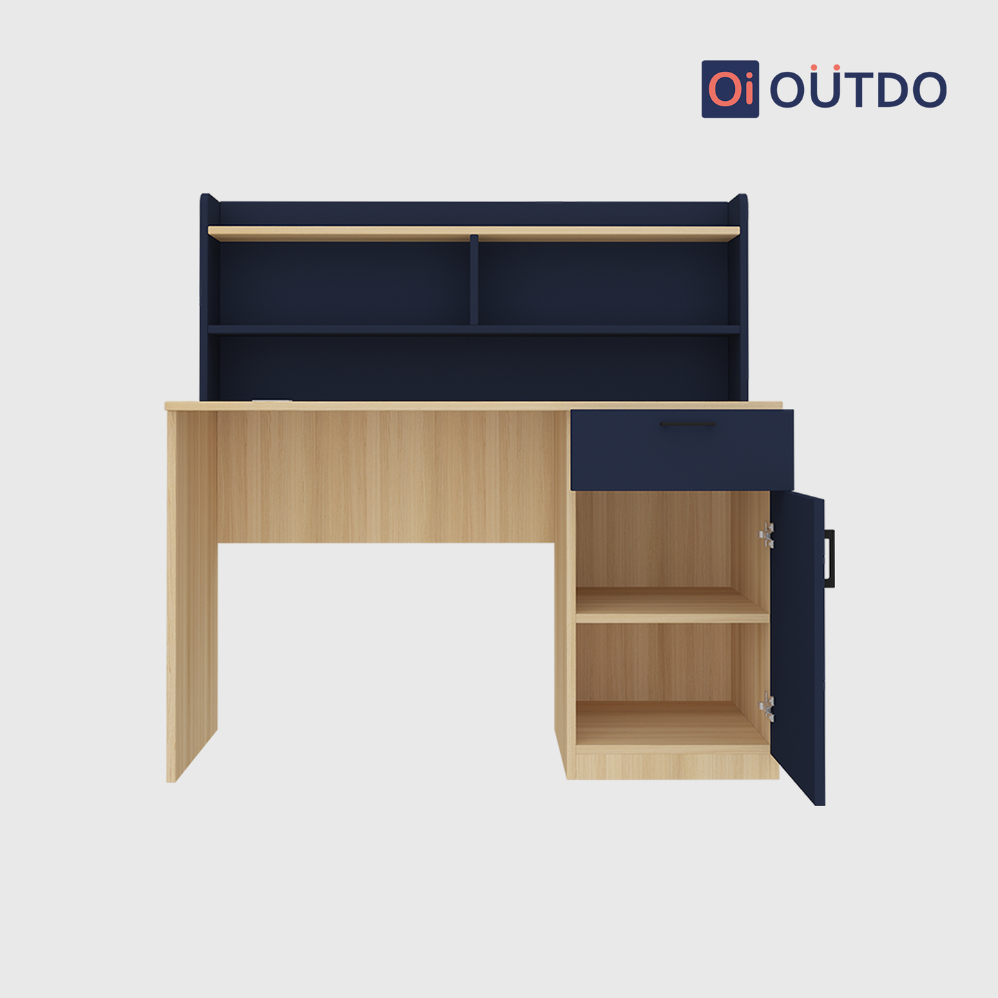 OutDo FocusPro Study Table with Bookshelf & Storage Cabinet | Burma Teak and Navi Blue