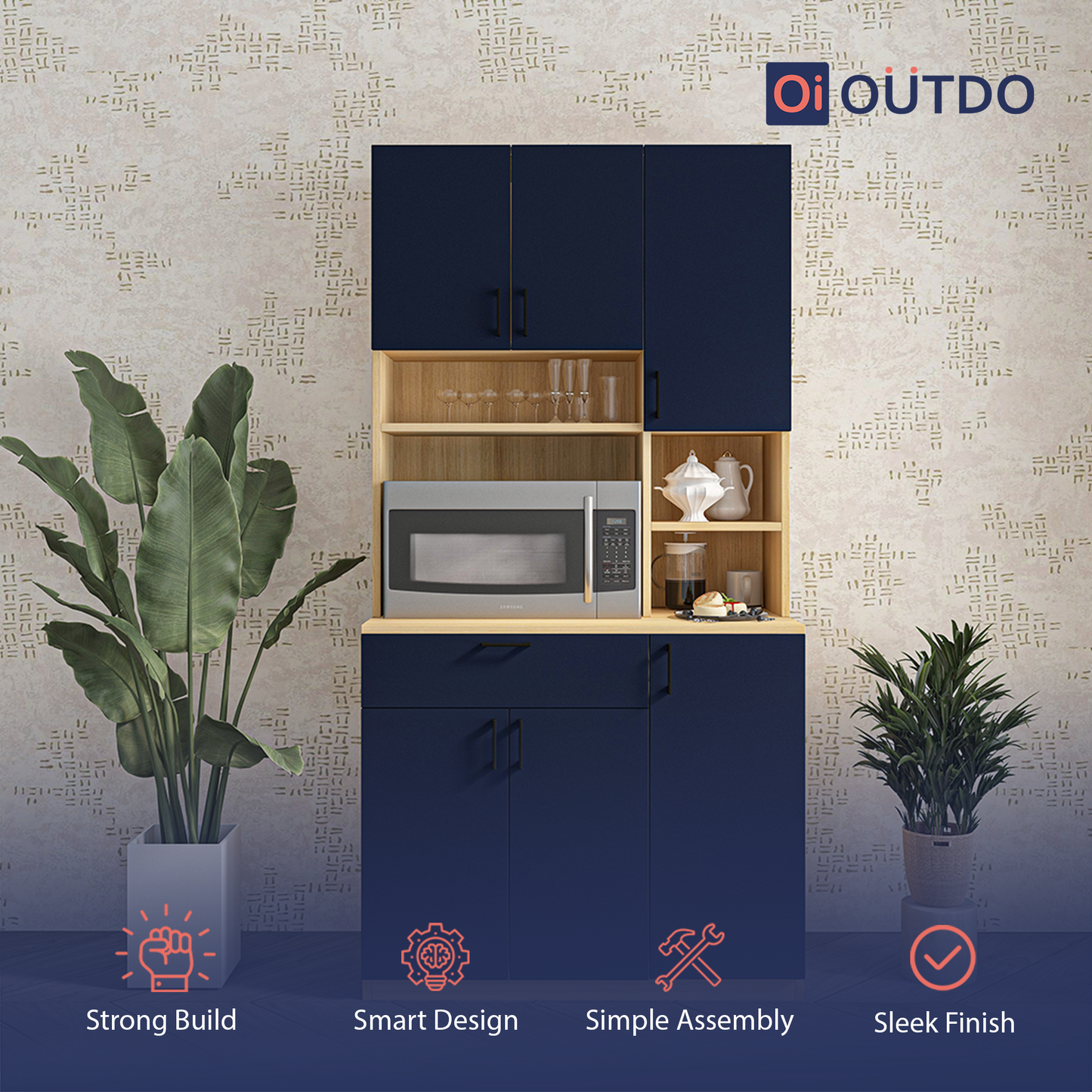OutDo Vista Modular Crockery Unit – Countertop Edition | Burma Teak and Navy Blue