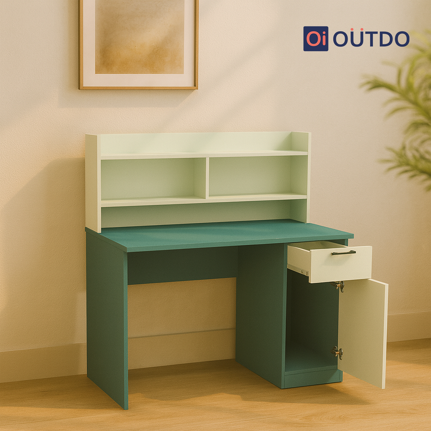 Clario Study Desk with Book Shelf | Fern Green Water Green