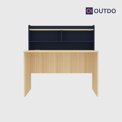 OutDo Focus+ Study Table with Bookshelf Hutch | Burma Teak and Navi Blue