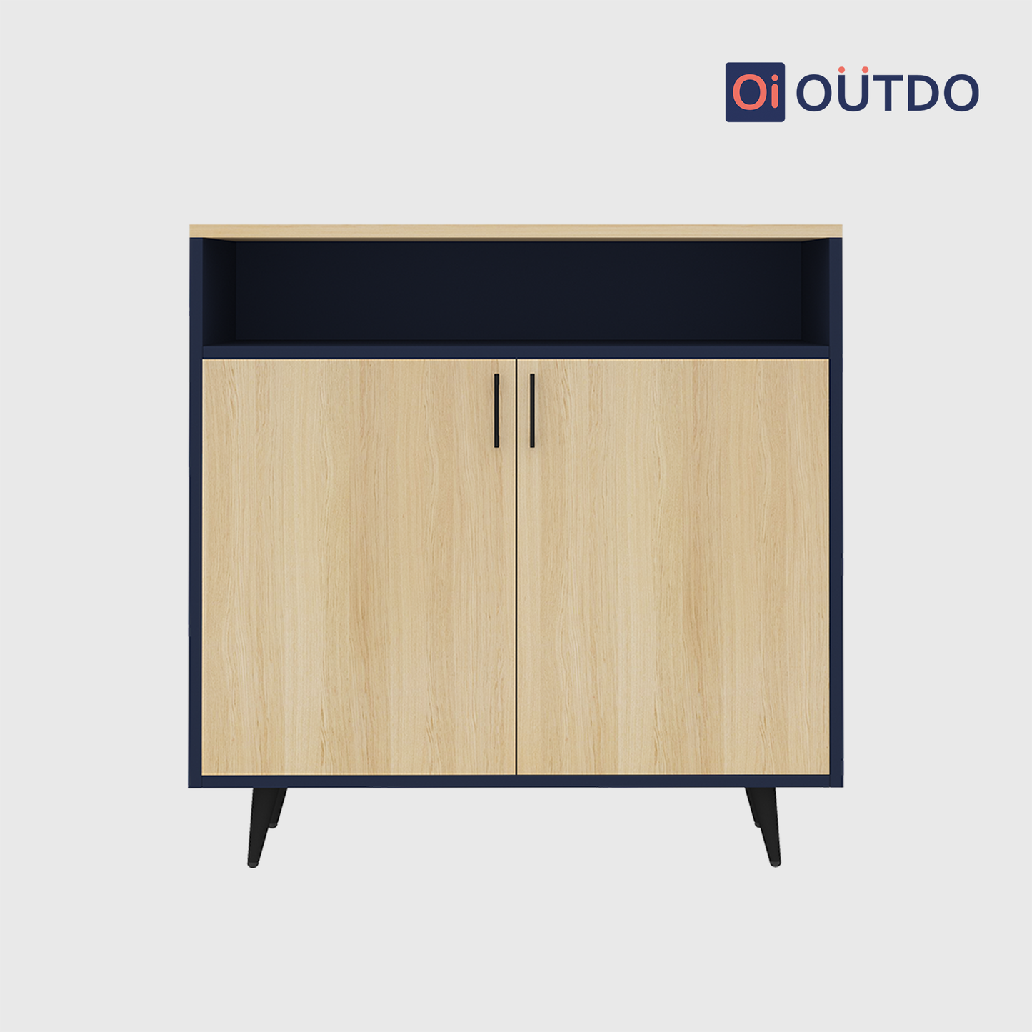 OutDo Urbano Shoe Cabinet with Open Shelf & Tall Legs | Burma Teak and Navy Blue
