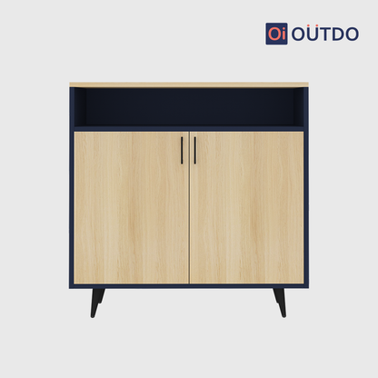OutDo Urbano Shoe Cabinet with Open Shelf & Tall Legs | Burma Teak and Navy Blue