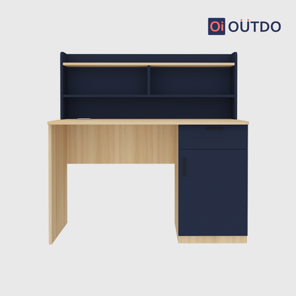 OutDo FocusPro Study Table with Bookshelf & Storage Cabinet | Burma Teak and Navi Blue