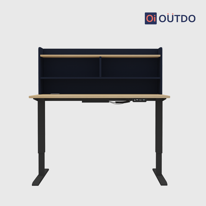 OutDo Elevate+ Height Adjustable Study Desk with Bookshelf | Blue and Wooden Finish