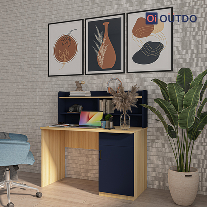 OutDo FocusPro Study Table with Bookshelf & Storage Cabinet | Burma Teak and Navi Blue