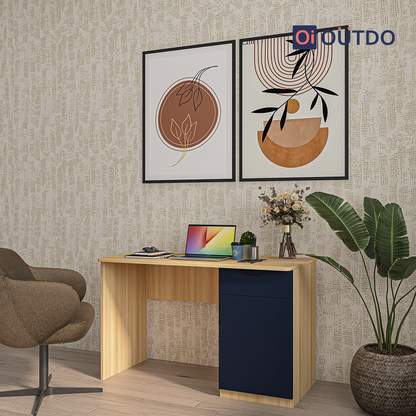 OutDo Core Study Desk with Drawer & Cabinet Storage | Burma Teak and Navi Blue
