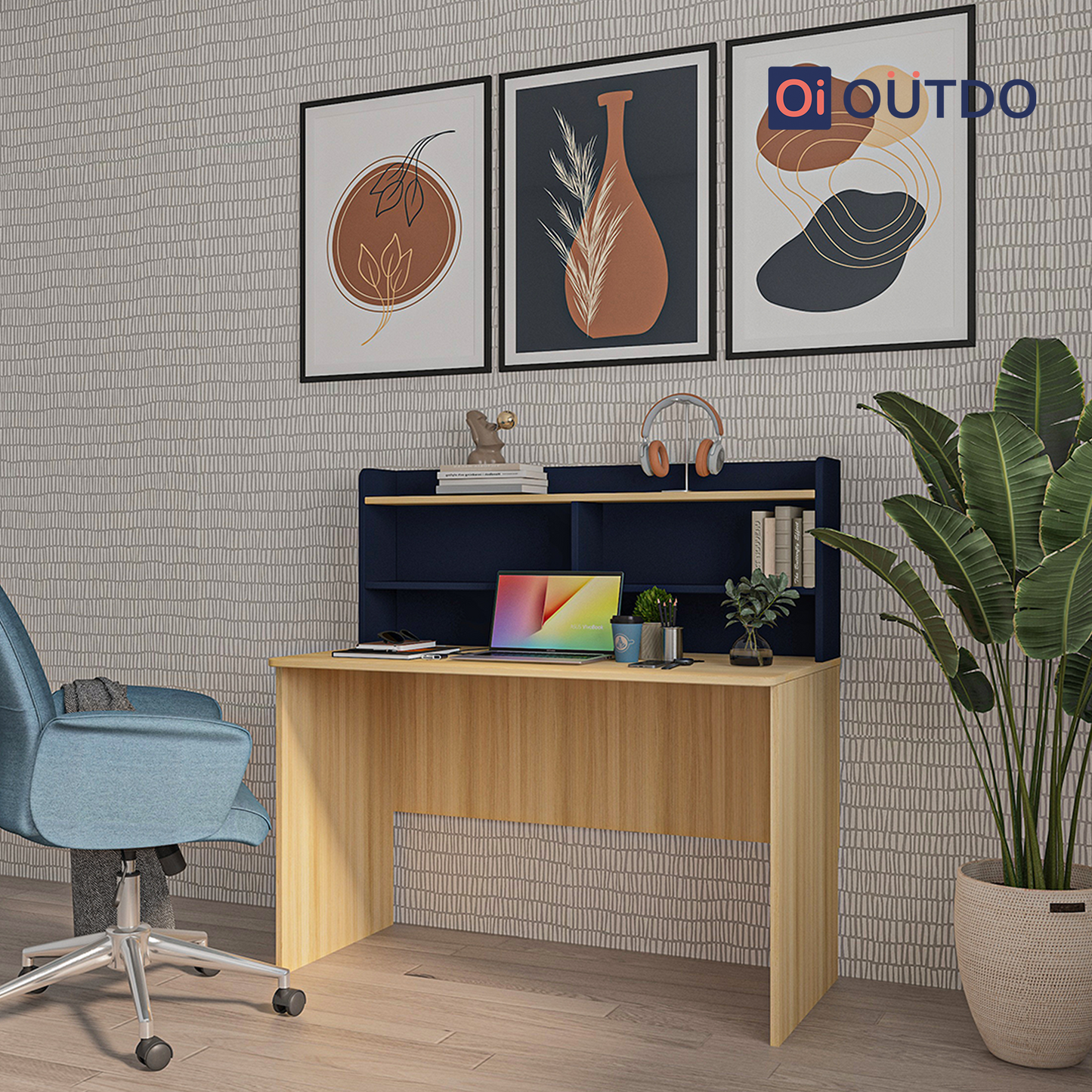OutDo Focus+ Study Table with Bookshelf Hutch | Burma Teak and Navi Blue