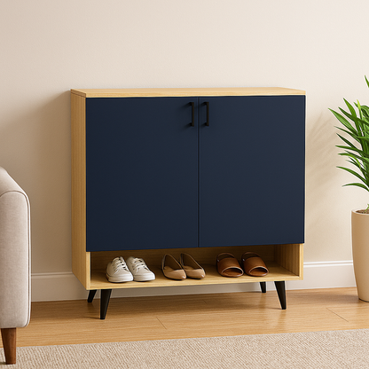OutDo StepLift Shoe Cabinet with Bottom Shelf & Tall Legs | Burma Teak and Navy Blue