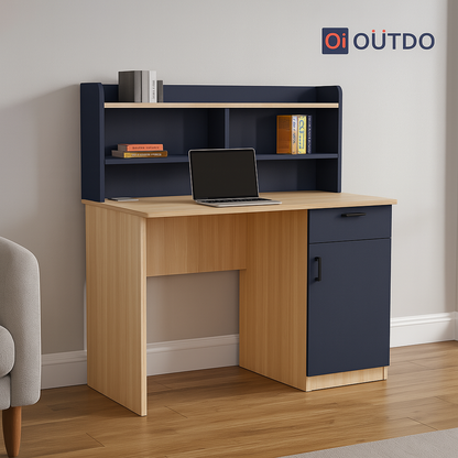 OutDo FocusPro Study Table with Bookshelf & Storage Cabinet | Burma Teak and Navi Blue