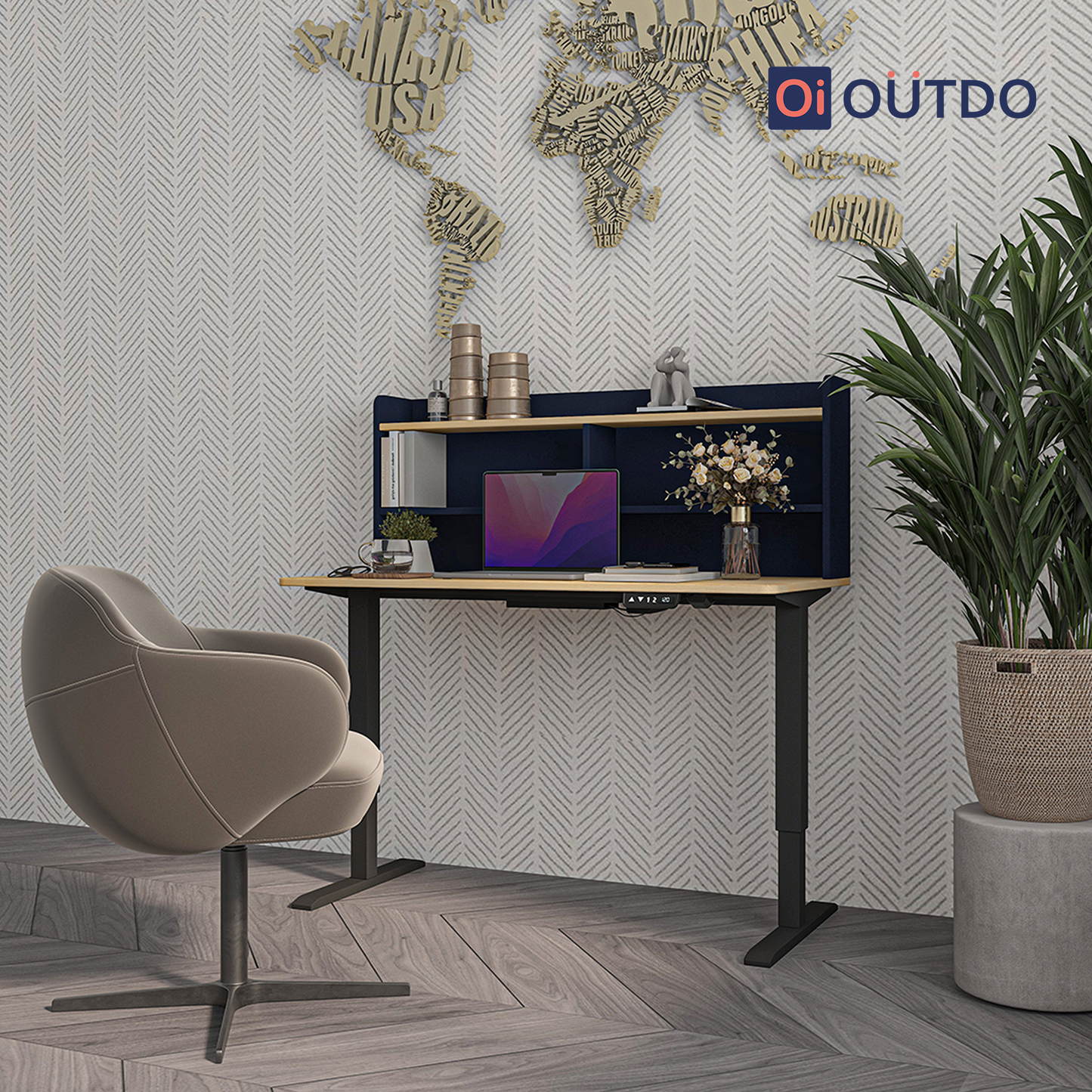 OutDo Elevate+ Height Adjustable Study Desk with Bookshelf | Blue and Wooden Finish