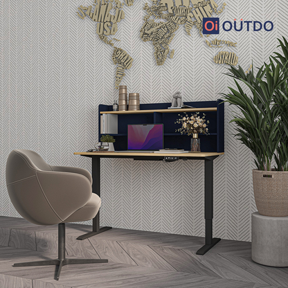 OutDo Elevate+ Height Adjustable Study Desk with Bookshelf | Blue and Wooden Finish