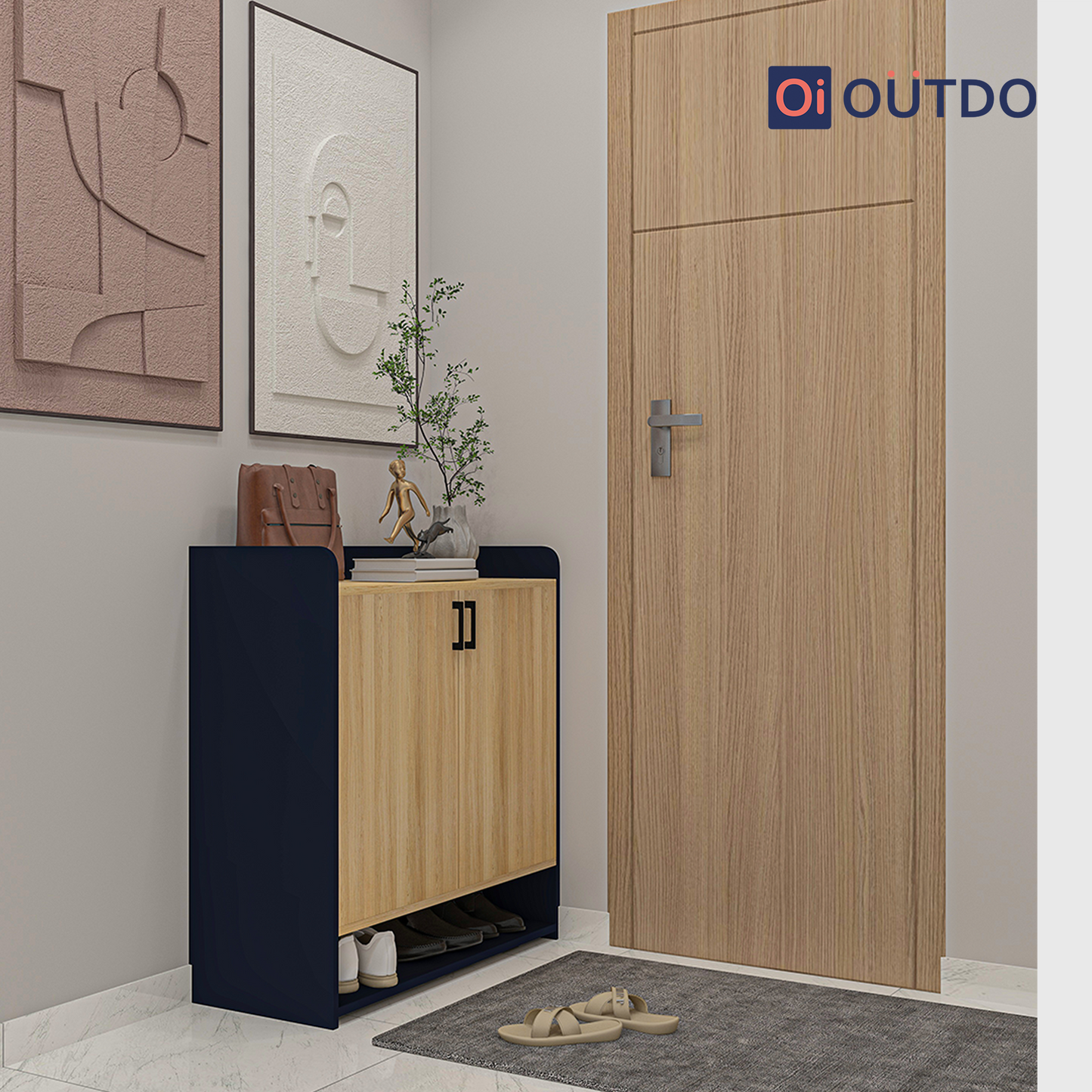 OutDo SlimStep Compact Shoe Rack – Space-Saving Design | Burma Teak and Navy Blue