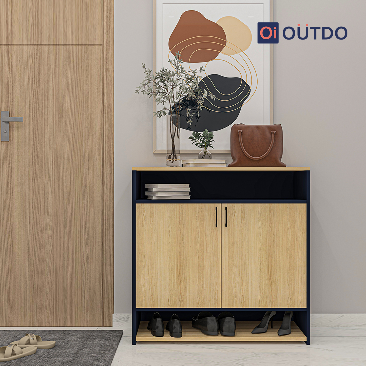 OutDo StepEase Shoe Rack with Open Display Shelf | Burma Teak and Navi Blue