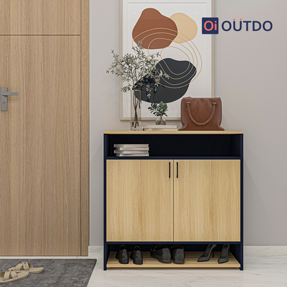 OutDo StepEase Shoe Rack with Open Display Shelf | Burma Teak and Navi Blue