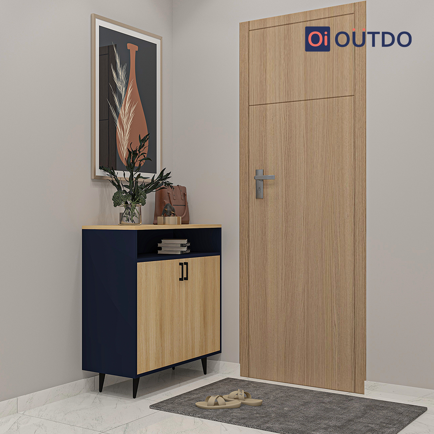 OutDo Urbano Shoe Cabinet with Open Shelf & Tall Legs | Burma Teak and Navy Blue