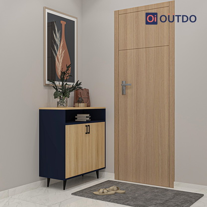 OutDo Urbano Shoe Cabinet with Open Shelf & Tall Legs | Burma Teak and Navy Blue