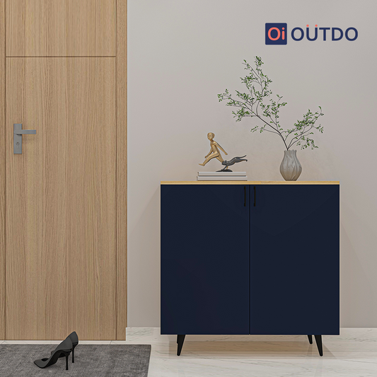 OutDo NeoStep Shoe Cabinet – Minimalist 2-Door Rack | Burma Teak and Navy Blue
