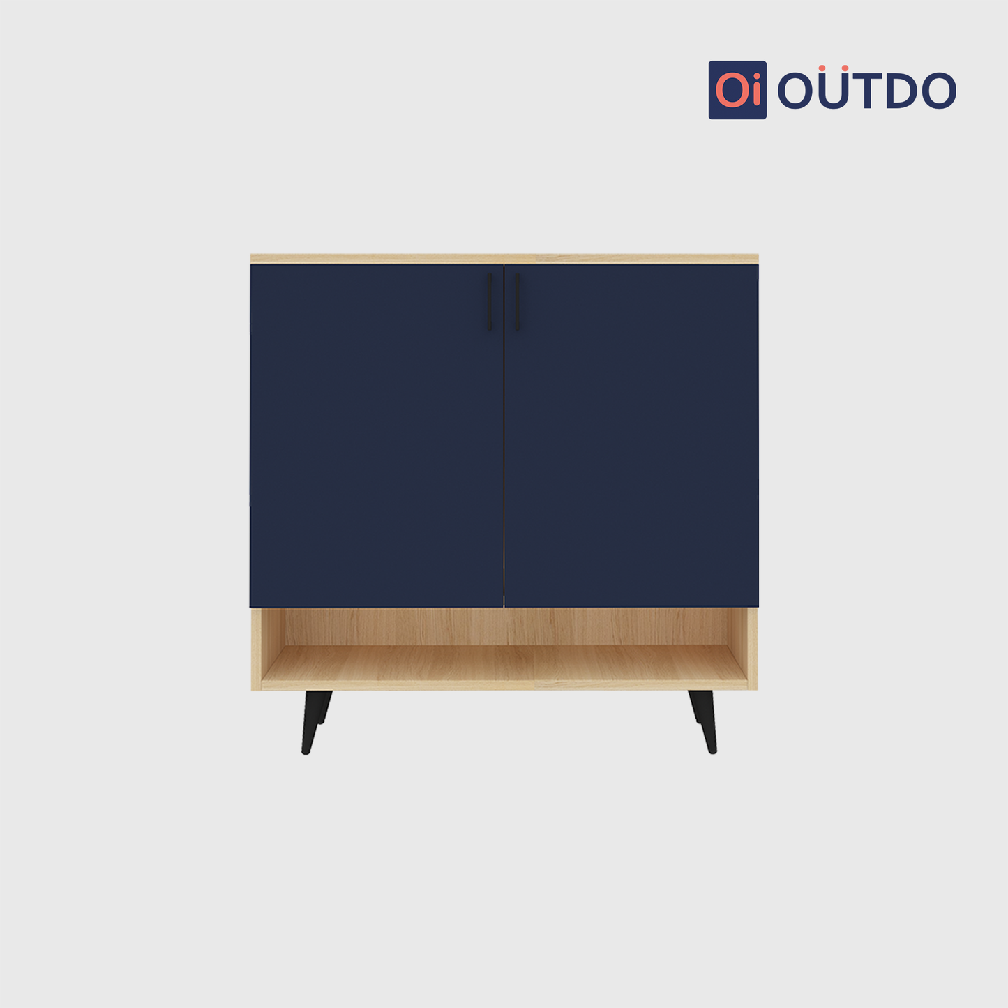 OutDo StepLift Shoe Cabinet with Bottom Shelf & Tall Legs | Burma Teak and Navy Blue