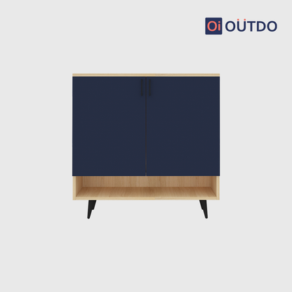 OutDo StepLift Shoe Cabinet with Bottom Shelf & Tall Legs | Burma Teak and Navy Blue