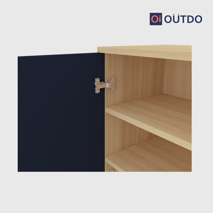 OutDo StepLift Shoe Cabinet with Bottom Shelf & Tall Legs | Burma Teak and Navy Blue