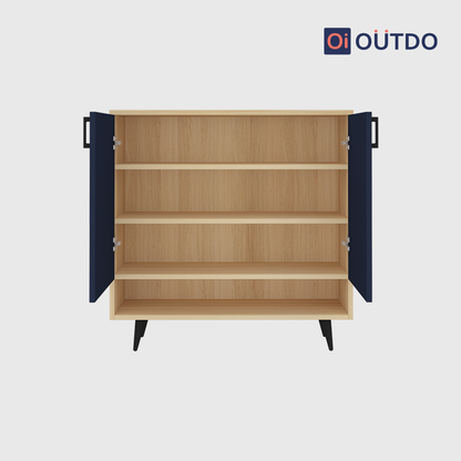 OutDo StepLift Shoe Cabinet with Bottom Shelf & Tall Legs | Burma Teak and Navy Blue