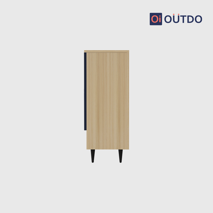 OutDo StepLift Shoe Cabinet with Bottom Shelf & Tall Legs | Burma Teak and Navy Blue
