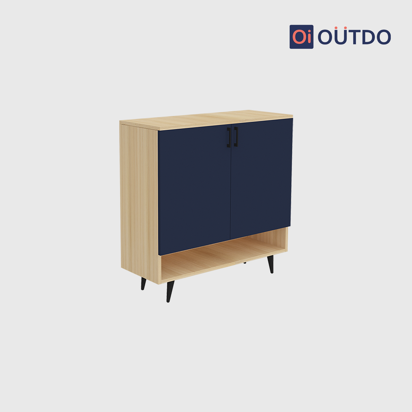 OutDo StepLift Shoe Cabinet with Bottom Shelf & Tall Legs | Burma Teak and Navy Blue