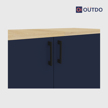 OutDo StepLift Shoe Cabinet with Bottom Shelf & Tall Legs | Burma Teak and Navy Blue